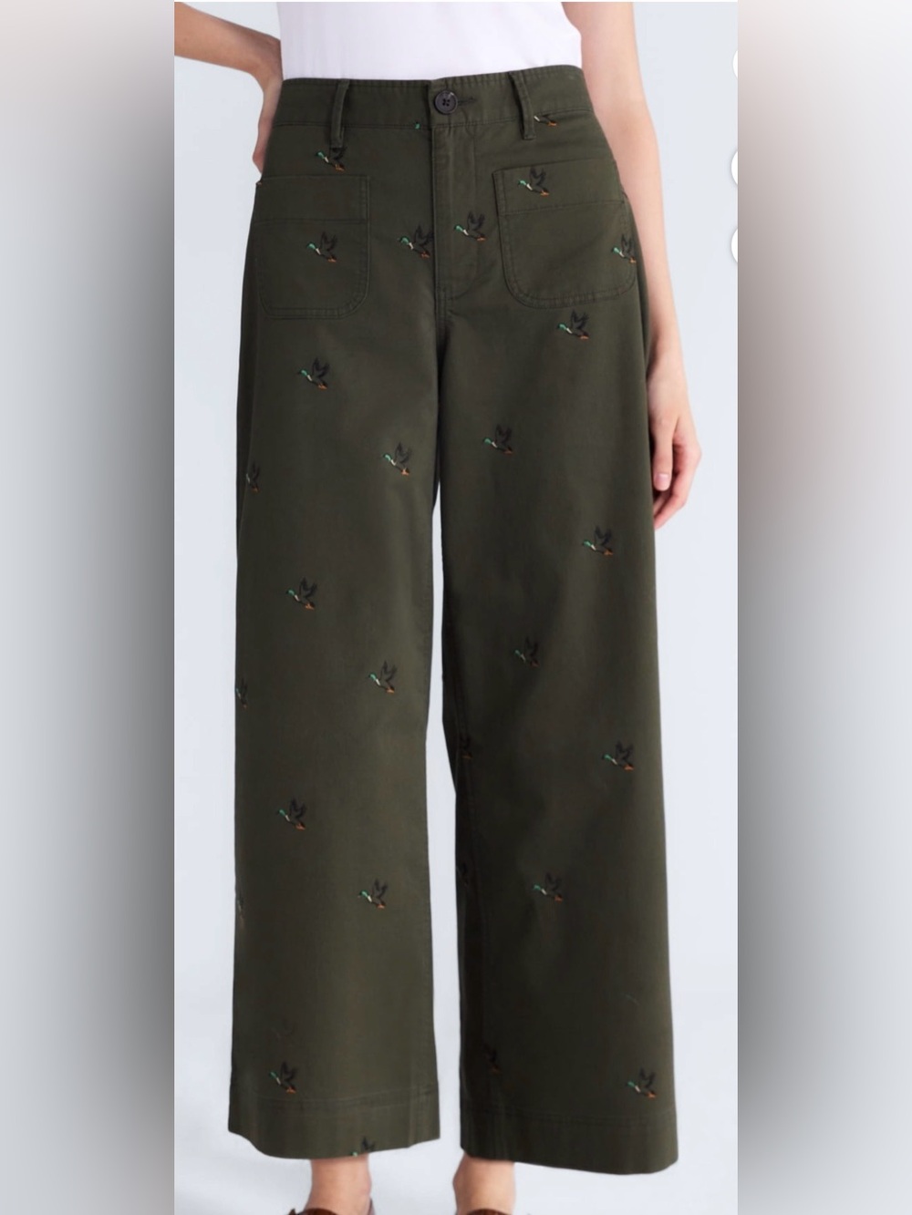 Embroidered Wide-Leg Pants - Olive